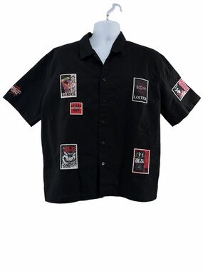 Loiter Mens Black Short-Sleeve Button-Up Shirt with Graphic Patchwork Size M